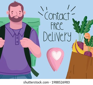 contact free delivery worker with backpack
