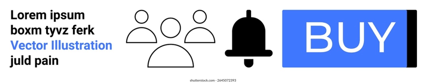 Contact group icons, notification bell, blue buy button, and placeholder text Lorem ipsum in a clean, minimalist design. Ideal for web design, user interfaces, e-commerce, and online notifications