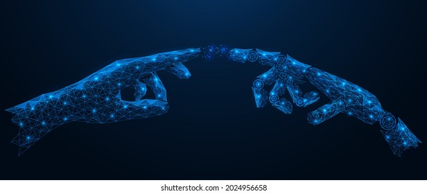 Contact of human and robot hands. Virtual connection. Polygonal construction of lines and points. Blue background.