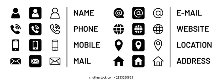 Contact icon collection. Containing username, phone, mobile, mail, e-mail, website, location and address icon.