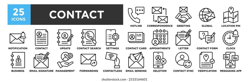 Kontaktsymbol-Sammlungssatz Enthaltend Design Geschäft, Kommunikation, Telefon, Internet, Icon, Website, Technologie