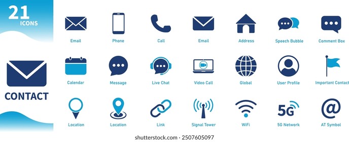 Kontaktsymbol. Sammlung von soliden Vektorsymbolen setzen Anruf, Telefon, E-Mail, zu Hause, Live-Chat.