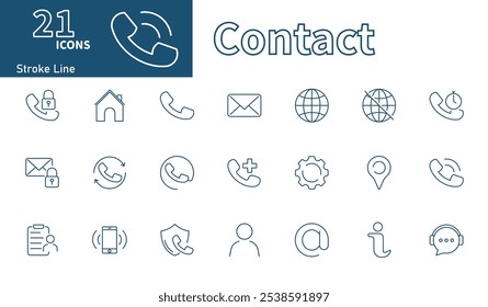 Contact icon. Collection of thin line vector icons on the topics of communication, connection, internet, call, live chat, email, information.