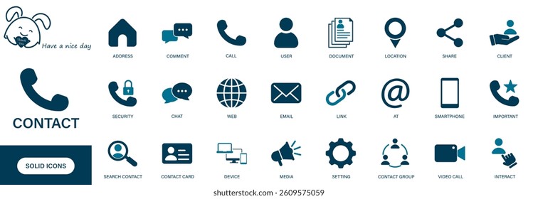 Contact icon. Containing call, user, address, phone, and contact icons. Solid vector icons collection.