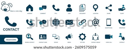 Contact icon. Containing call, user, address, phone, and contact icons. Solid vector icons collection.