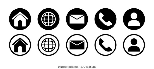 Conjunto de diseño de iconos de contacto con símbolos de hogar, globo, correo electrónico, teléfono y perfil de usuario. Adecuado para navegación por Sitio web, interfaz de aplicaciones móviles, sistema de Asistencia al cliente, diseño de Página de contacto y diseño de comunicación comercial. Estilo plano mínimo, iconos negros audaces, editable, alta resolución, Uso comercial, listo para usar.