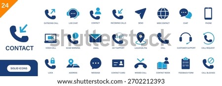 Contact icon. Includes call, email, message, livechat, missed call, address. Solid vector icon set.