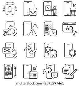 Contact icon phone mobile call. Phone icon in flat style. Set of phone icons, call, telephone, chat, voice, battery. Call silhouette with black outline. Vector illustration