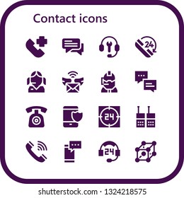 contact icon set. 16 filled contact icons.  Collection Of - Emergency call, Chat, Customer support, Phone, Call center, Mail, Smartphone, Support, Walkie talkie, Telephone, Cells