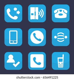 Contact icon. set of 9 filled contact icons such as desk phone, call, phone, old phone, intercom, atom interaction