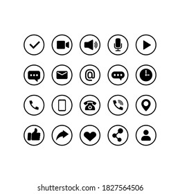 Contact icon set in black. Business concept. Phone, message, email, location, social media. Vector EPS 10. Isolated on white background