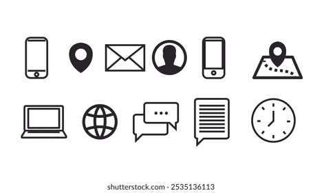 Contact Icon Set. Black and White Illustration of Different Contact icons