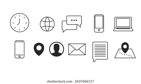 Contact Icon Set. Black and White Illustration of Different Contact icons