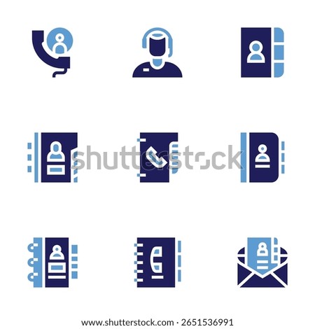 Contact icon set. Bold style. Duotone colors. operator, contact book, call, contacts, phonebook, telephone book, phone book, contact us.
