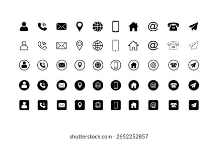 Contact Icon Set. Business card and communication symbols: phone, email, web, location, profile vector illustration