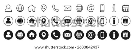 Contact icon set for business card, containing information name, website, location, address, telephone, mail and more