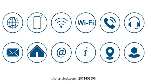 Juego de iconos de contacto. Conjunto de iconos de contacto en círculo en color azul - servicio en línea, conexión, ilustración vectorial.