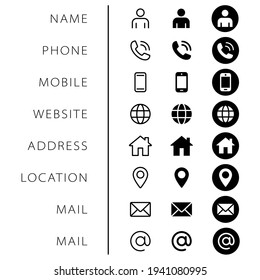 Contact icon set in circles. Phone, mobile phone, retro phone, location, mail and web site symbols in black and white. Simple contact signs in flat style. Vector illustration for graphic design, Web