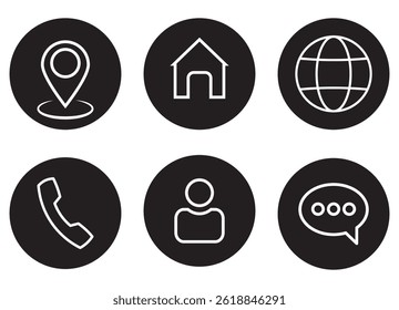 Contact icon set in circles. Phone, location and web site symbols in black and white. Simple contact signs in flat style. Vector illustration for graphic design, Web.
