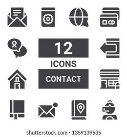 contact icon set. Collection of 12 filled contact icons included Call center, Map book, Email, Manual, Post office, Address, Smartphone, Card, Chat, Customer service