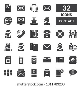 contact icon set. Collection of 32 filled contact icons included Chat, Smartphone, Mail, Email, Address book, Telephone, Inbox, Walkie talkie, Sd, Mailbox, Call center, Cards