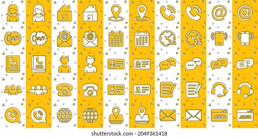 Contact icon set in comic style. Phone communication cartoon vector illustration on white isolated background. Website equipment splash effect business concept.