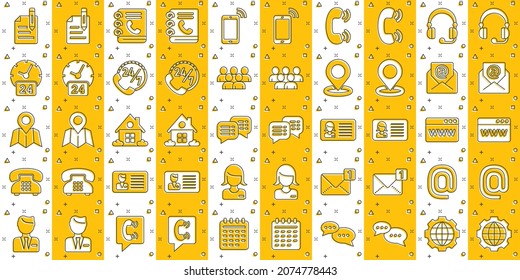 Contact icon set in comic style. Phone communication cartoon vector illustration on white isolated background. Website equipment splash effect business concept.