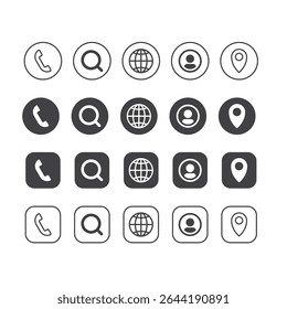 Contact icon set for company, Website, search, Call, Location, phone, Person Profile, message, User icon set, minimalistic icon set. Global searching icon
