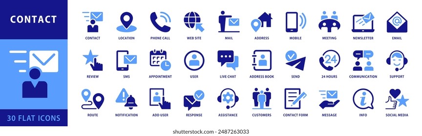 Conjunto de iconos de contacto. Con conceptos como correo electrónico, teléfono, Dirección, Servicio al cliente, llamada, Sitio web y más. Iconos de vector de estilo plano de doble color Colección