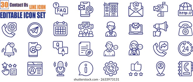Ícone de contato definido. Contendo bate-papo, suporte, mensagem, telefone, e-mail, endereço, atendimento ao cliente, chamada, site, informações, comunicação e muito mais.	
