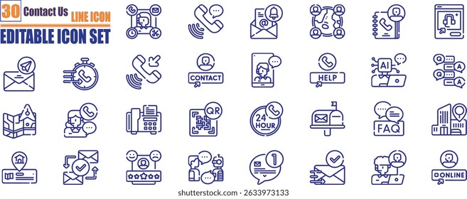 Ícone de contato definido. Contendo bate-papo, suporte, mensagem, telefone, e-mail, endereço, atendimento ao cliente, chamada, site, informações, comunicação e muito mais.	

