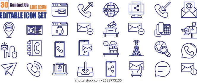 Ícone de contato definido. Contendo bate-papo, suporte, mensagem, telefone, e-mail, endereço, atendimento ao cliente, chamada, site, informações, comunicação e muito mais.	
