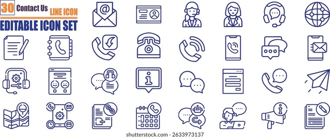 Ícone de contato definido. Contendo bate-papo, suporte, mensagem, telefone, e-mail, endereço, atendimento ao cliente, chamada, site, informações, comunicação e muito mais.	
