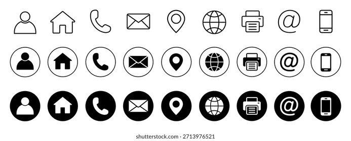 Conjunto de ícones de contato, contendo nome de informação, site, local, endereço, telefone, correio e mais