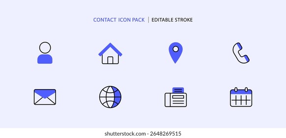 Contact icon set for customer service or call center. Communication support by mail address, mobile, telephone, email marketing, fax, website, location information in business hours. color line icons