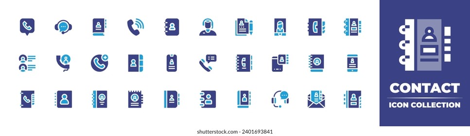 Contact icon set. Duotone color. Vector illustration. Containing customer service, phone, operator, videocall, contact book, call, contacts, phone call, smartphone, contact list, phone book, contact.