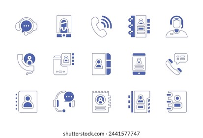 Conjunto de iconos de contacto. Trazo de línea de estilo duotono y negrita. Ilustración vectorial. Contiene servicio al cliente, teléfono, operador, videollamada, agenda de contactos, llamadas, llamadas telefónicas, smartphone, agenda telefónica.