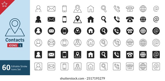 Contact Icon Set. Editable Stroke. Mobile, Email, Telephone, Location, Globe, Home, Address, People, Magnifying Glass and Many More.