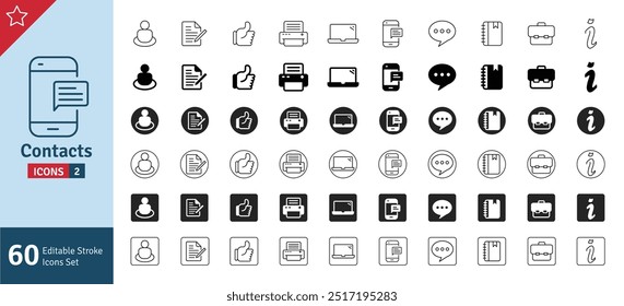 Contact Icon Set. Editable Stroke. Note, People, Thumbs Up, Laptop, Messages, Chat, Dairy, Business and Many More.