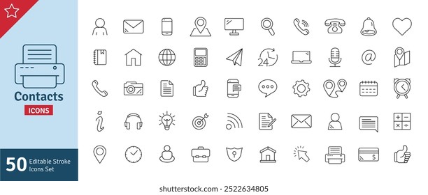 Conjunto de Ícones de Contato. Traço editável. Celular, E-mail, Telefone, Localização, Laptop, Globo, Casa, Endereço, Pessoas, relógio, Chat, Ideia, segurança, Impressora, Cartão de Crédito, Calendário e Muito Mais.