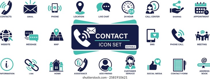 Contact icon set. e-mail, phone, address, customer service, call, website You can easily change the color