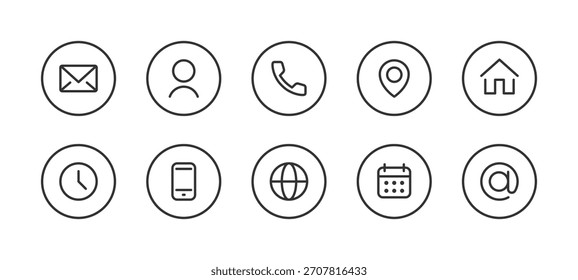 Ícone de contato definido. E-mail, usuário, telefone, localização, casa, relógio e outros símbolos mínimos na ilustração vetorial de design de círculo limpo. Sinal de elemento de navegação de interface. Pictograma de comunicação moderno.