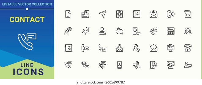 Contact icon set. Featuring info, phone, chat, address, call, message, email and more. Contact Us related icon set. Thin linear style icons. Editable stroke. Vector illustration.