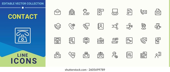 Contact icon set. Featuring info, phone, chat, address, call, message, email and more. Contact Us related icon set. Thin linear style icons. Editable stroke. Vector illustration.