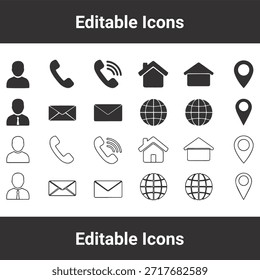 Kontaktsymbolsatz mit verschiedenen Kommunikations-, Geschäfts- und Web-Interface-Symbolen für Unternehmens- und digitale Marketingkonzepte