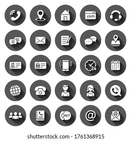 Contact icon set in flat style. Phone communication vector illustration on black round background with long shadow effect. Website equipment circle button business concept.