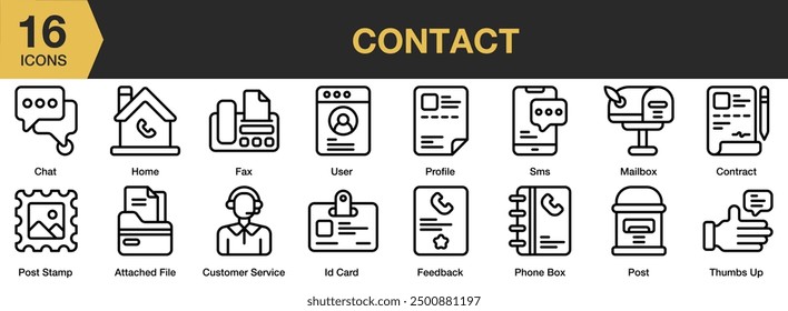 Contact icon set. Includes chat, contract, feedback, profile, thumbs up, mailbox, post, and More. Outline icons vector collection.