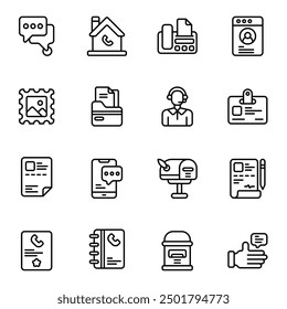 Contact icon set. Includes chat, contract, feedback, profile, thumbs up, mailbox, post, and More. Outline icons vector collection.