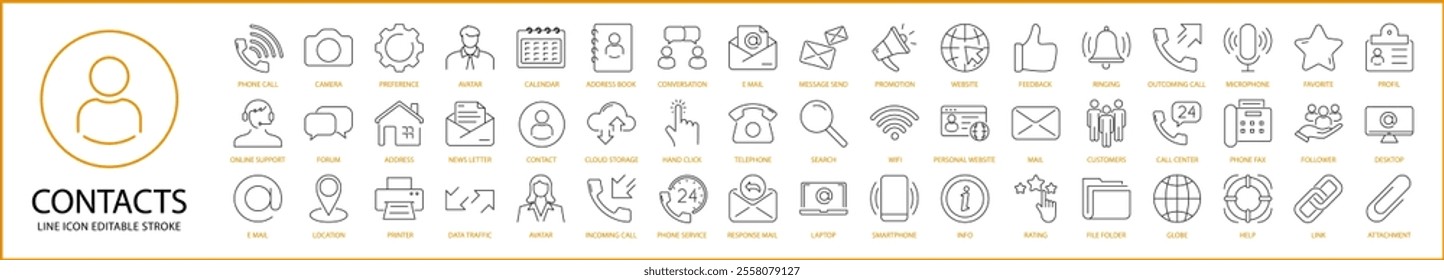 Contact icon Set In Line Style. Contact Icons. VEctor Illustration. Editable Stroke.