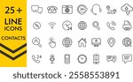 Contact icon set. line vector Editable stroke. Set contains such icons as Globe, Location, Feedback, Message, Support, Telephone, Mail. Small User Interface Line Icons symbol sign for apps and website